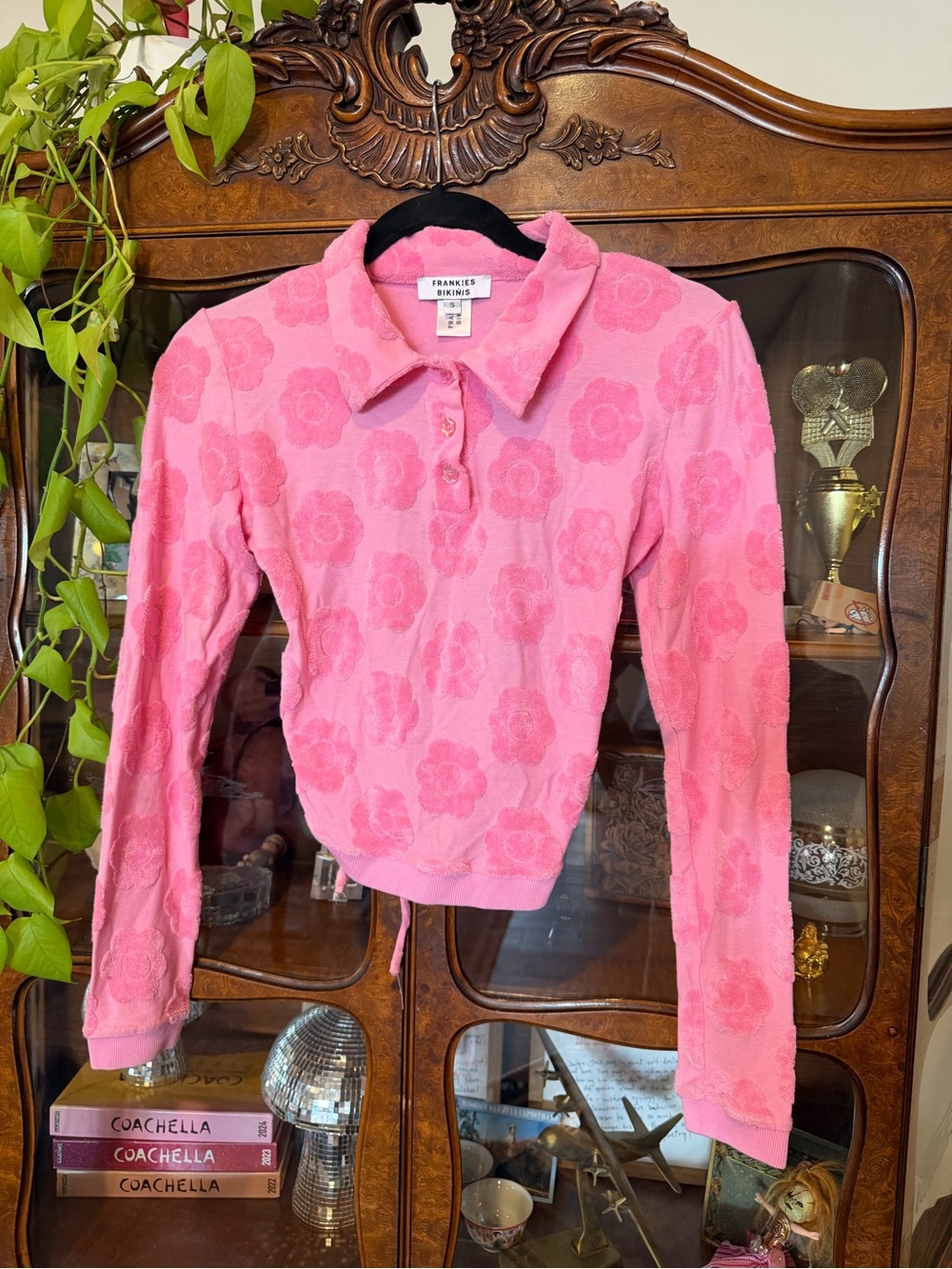 Frankies Bikinis Pink Terry Floral Open Back Polo Top Size S